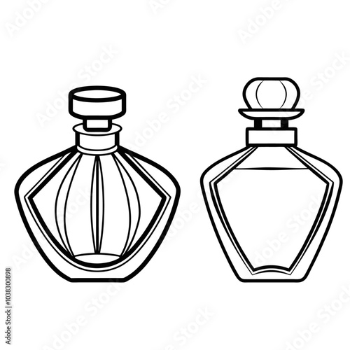 
Perfume glass bottle realistic transparent, abstract geometric technical, blank white cosmetic cone shape bottle cap vector illustration