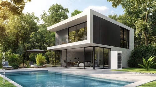 Flat surface heat pump on the right side of a modern house with a swimming pool and garden, on a sunny day. Real photo.