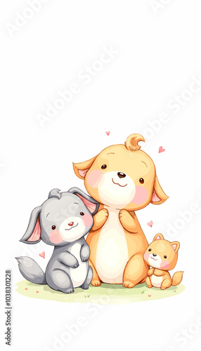 Adorable animal friends cuddling lovingly on white background with copy space