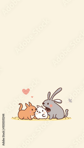  Cute animal friends cuddling lovingly on beige background with copy space