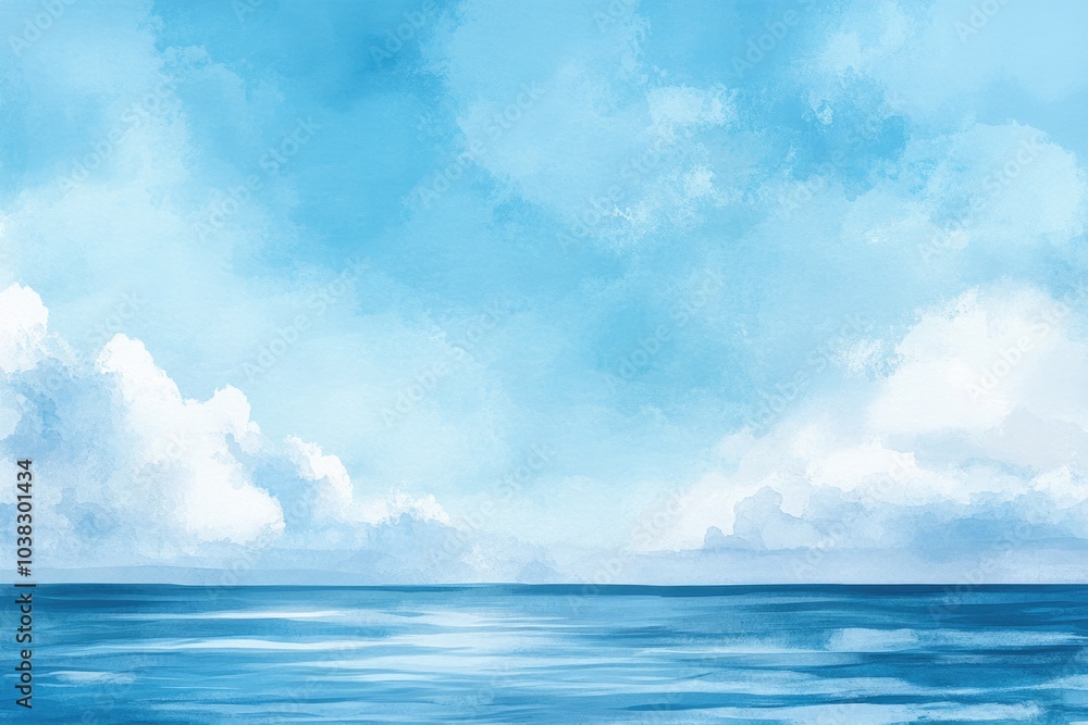 Blue Horizon. Hand-painted Seascape of Tropical Beach with Clear Skies and Calm Water Blue Horizon. Hand-painted Seascape of Tropical Beach with Clear Skies and Calm Water