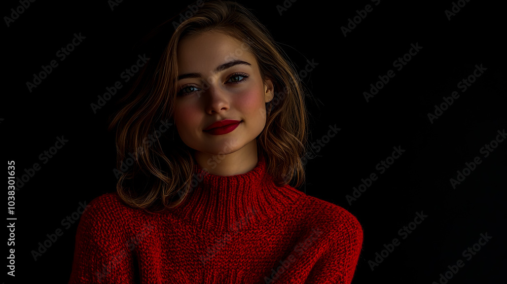 A beautiful woman wearing a red sweater against a black background A beautiful woman wearing a red sweater against a black background