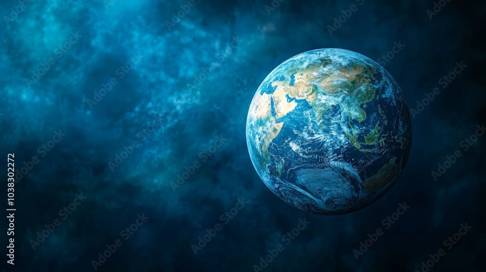 A vivid image of Earth suspended in space, surrounded by deep blue cosmic elements, showcasing its continents and oceans. A vivid image of Earth suspended in space, surrounded by deep blue cosmic elements, showcasing its continents and oceans.