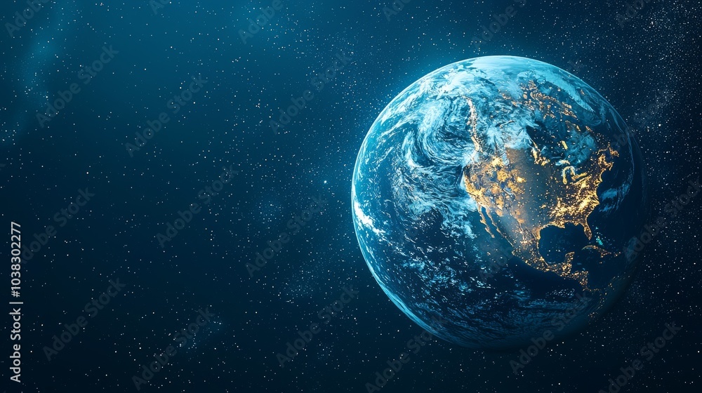 Fototapeta premium A mesmerizing view of Earth illuminated at night, surrounded by stars, showcasing a vibrant and dynamic planet in the vastness of space.