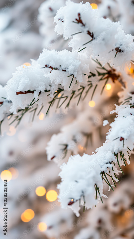 snowy pine branch glows with warm lights snowy pine branch glows with warm lights