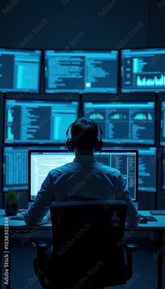 A focused professional works in a tech environment, surrounded by multiple screens, analyzing data, ideal for articles on cybersecurity, data analysis, or tech innovations. A focused professional works in a tech environment, surrounded by multiple screens, analyzing data, ideal for articles on cybersecurity, data analysis, or tech innovations.