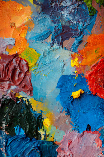 Colorful abstract texture. Smears of oil paint and a palette knife on an art palette. The concept of the modern school of art. Fragment of creative work. Colors of the year 2025