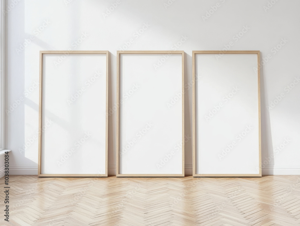 Empty frames are arranged against bright wall, showcasing minimalist design. natural light enhances wooden texture of floor, creating serene atmosphere Empty frames are arranged against bright wall, showcasing minimalist design. natural light enhances wooden texture of floor, creating serene atmosphere