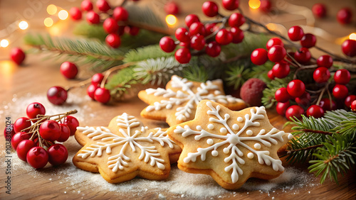 Frosted Holiday Cookies with Red Berry Decorations and Blank Space. Perfect for: Christmas, Holiday parties, Family gatherings