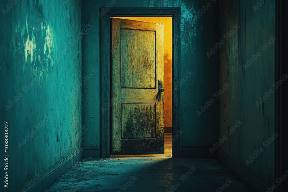 Mysterious doorway in a dark, eerie corridor Mysterious doorway in a dark, eerie corridor