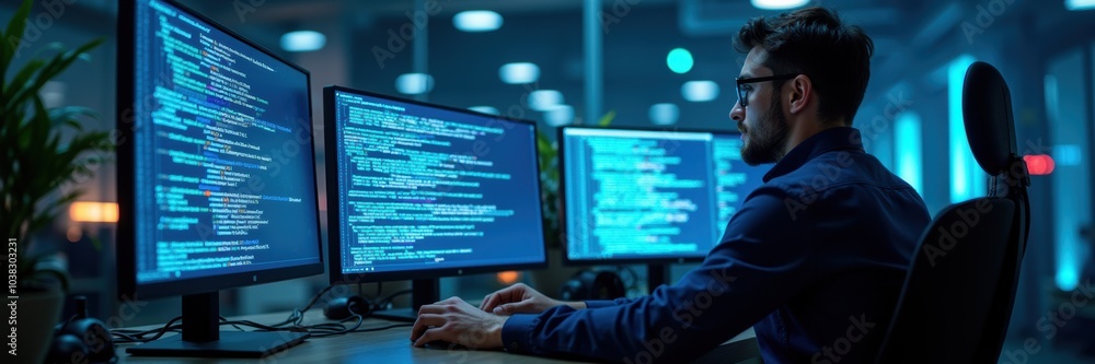 A focused programmer coding on multiple monitors in a modern tech workspace, showcasing the essence of software development and innovation.
