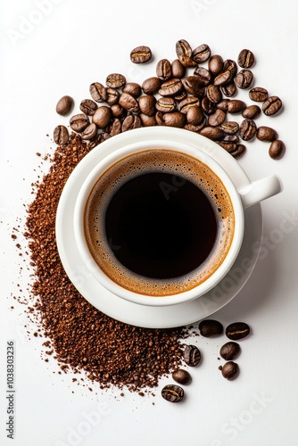 cup of coffee and coffee beans on a white background. selective focus