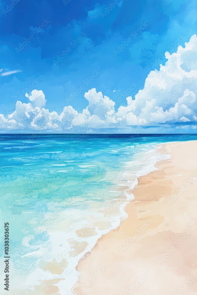 Fototapeta premium Vivid Tropical Shoreline and Turquoise Ocean. Hand-Painted Watercolor Seascape for Summer Beach Vacation
