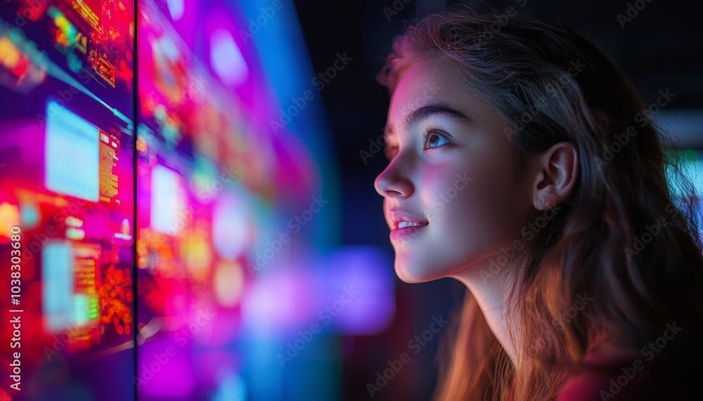 A girl gazes in awe at a vibrant, colorful digital display filled with data, reflecting curiosity and engagement with technology. A girl gazes in awe at a vibrant, colorful digital display filled with data, reflecting curiosity and engagement with technology.