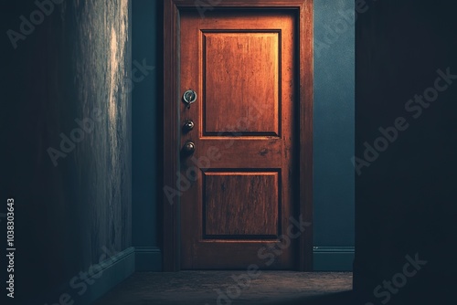 Mysterious wooden door in dimly lit corridor