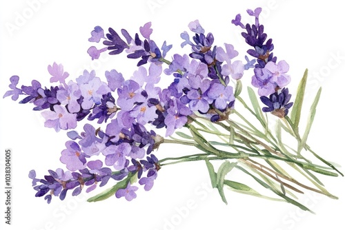 Watercolor Lavender Bouquet Illustration. Aromatic Purple Flowers Isolated on White Background