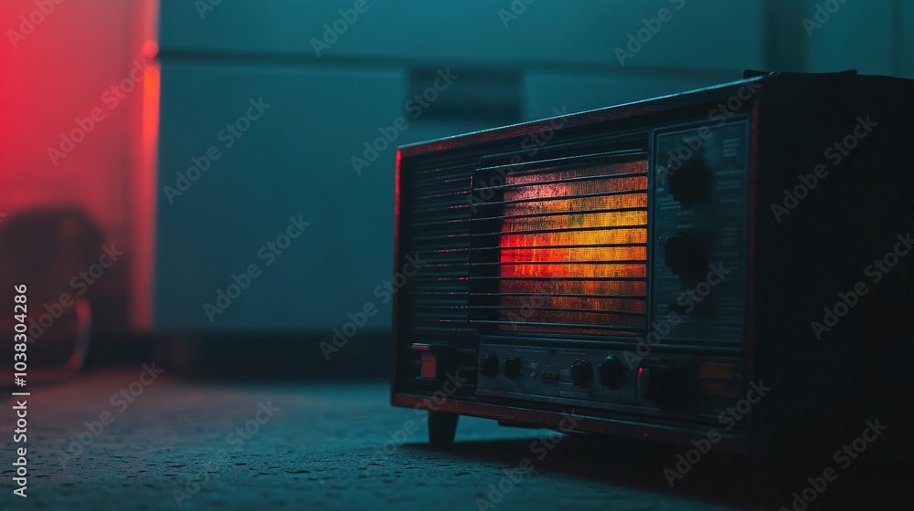 Old radio glowing in dark, red neon light illuminates Old radio glowing in dark, red neon light illuminates