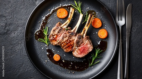 A gourmet lamb chop dish with mint jelly, baby carrots, and a rosemary jus, plated with precision on a sleek black ceramic plate, shot from above photo