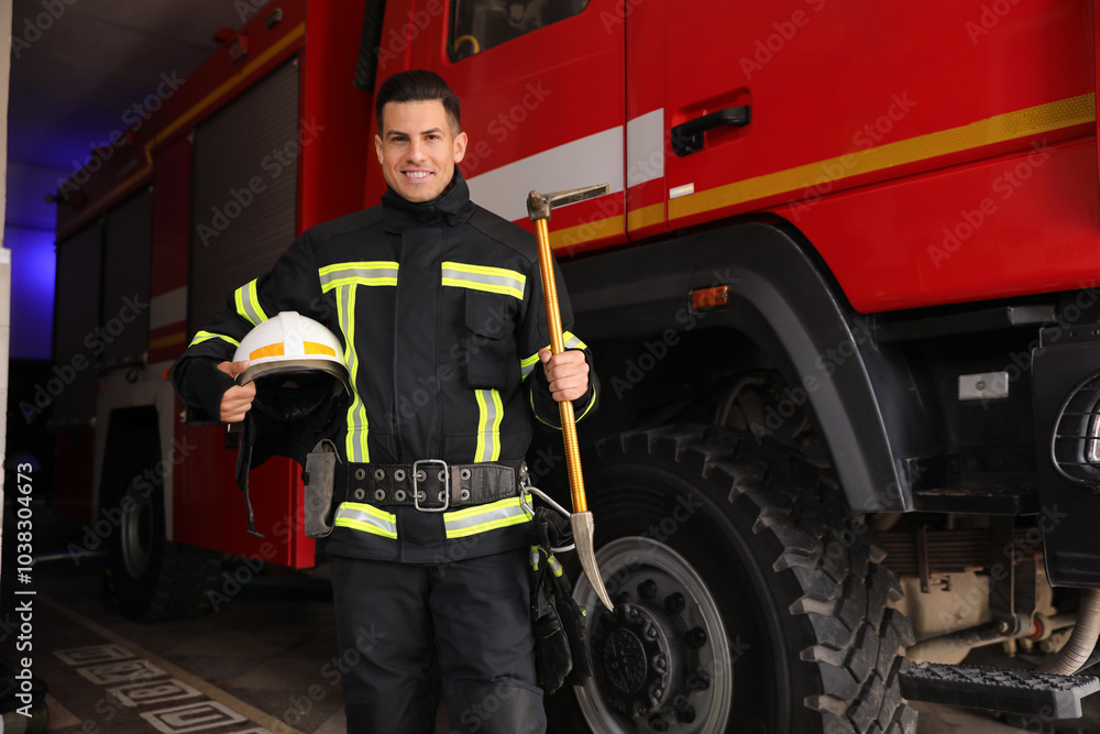 Portrait of firefighter in uniform with helmet and entry tool near fire truck at station