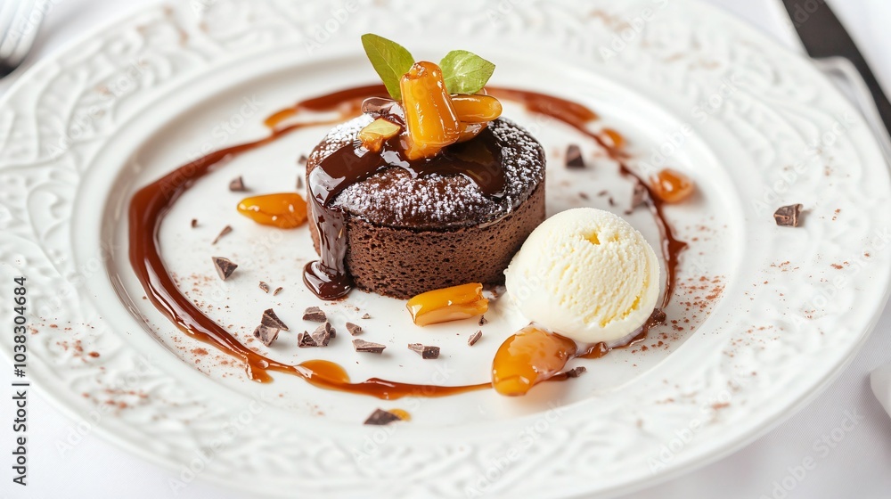 A luxury dessert plate with a top view of a molten chocolate cake, caramel shards, and a vanilla bean ice cream quenelle, beautifully arranged A luxury dessert plate with a top view of a molten chocolate cake, caramel shards, and a vanilla bean ice cream quenelle, beautifully arranged