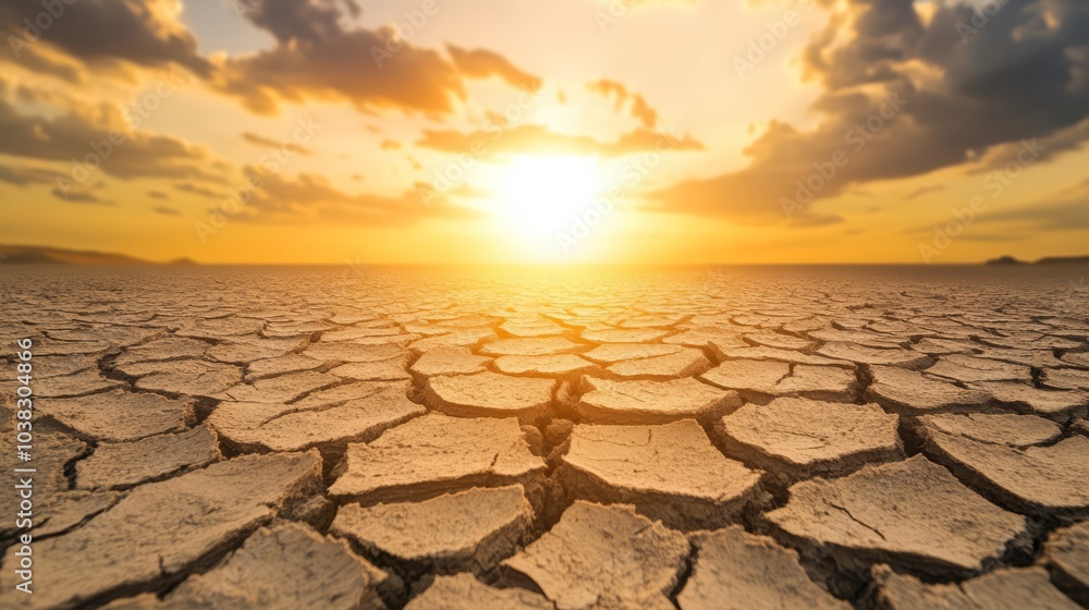 Sunset over cracked earth landscape, dry soil under cloudy sky Sunset over cracked earth landscape, dry soil under cloudy sky