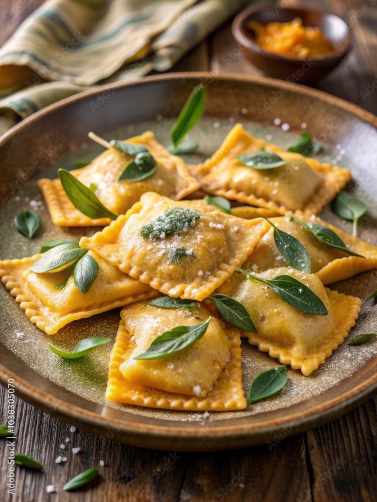 Pumpkin ravioli with sage butter sauce and herbals, pumpkin autumn food, gourmet pasta Pumpkin ravioli with sage butter sauce and herbals, pumpkin autumn food, gourmet pasta