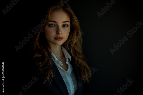 A beautiful young businesswoman in a suit, isolated against a dark background