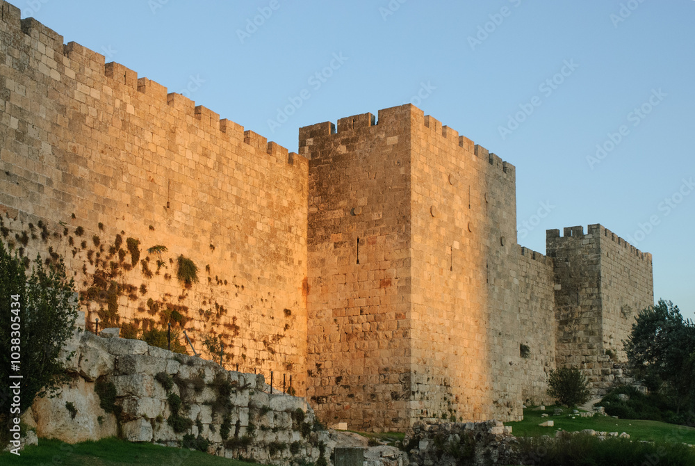 A section of the stone ramparts and walls of the Old City of Jerusalem, bathed in golden light at twilight in Israel. A section of the stone ramparts and walls of the Old City of Jerusalem, bathed in golden light at twilight in Israel.