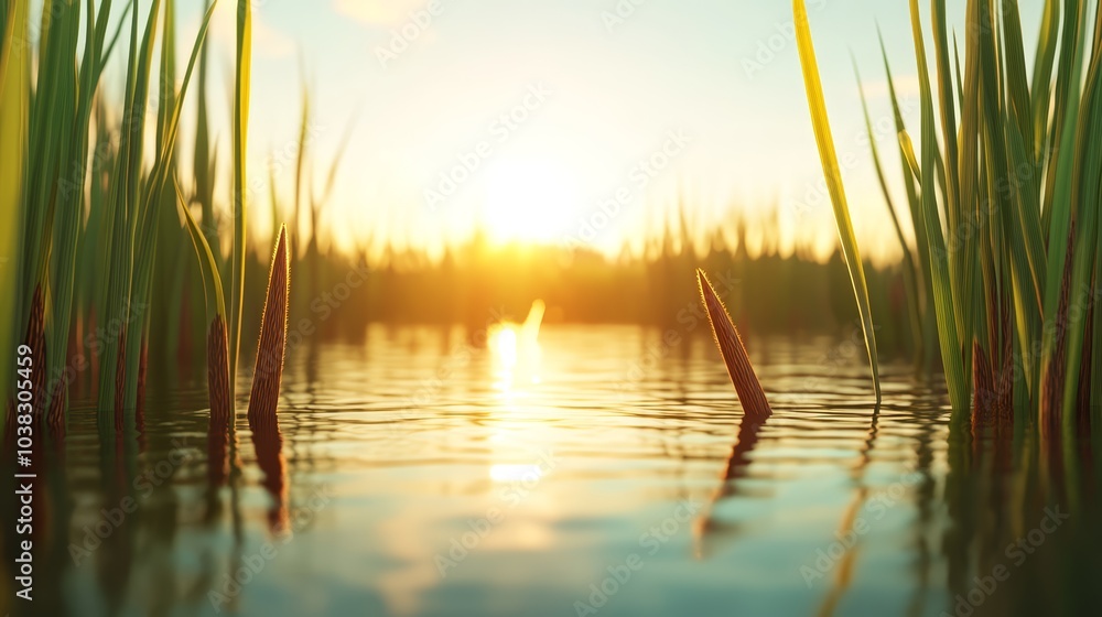 Sunset reflection on water surrounded by lush green grass. Sunset reflection on water surrounded by lush green grass.