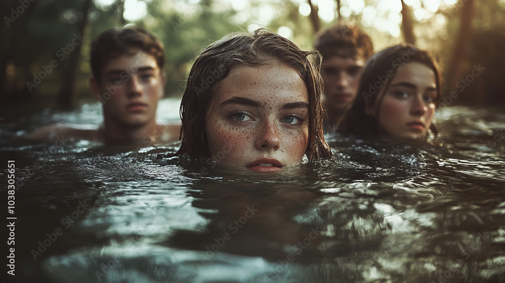 A group of people is standing in the water, only their heads are visible, a girl in the foreground with freckles and a direct look creates a feeling of mysterious calm. A group of people is standing in the water, only their heads are visible, a girl in the foreground with freckles and a direct look creates a feeling of mysterious calm.