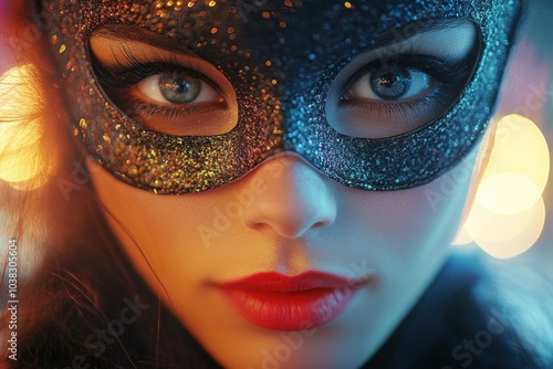 Woman wearing a glitter mask with red lips