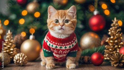 cute cat in Christmas sweater with Christmas decorations