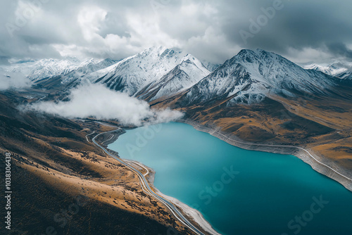  The blue lake of Qilian Mountain in Tibet, with snow-capped mountains and roads leading to the top left side of the aerial photography. photo