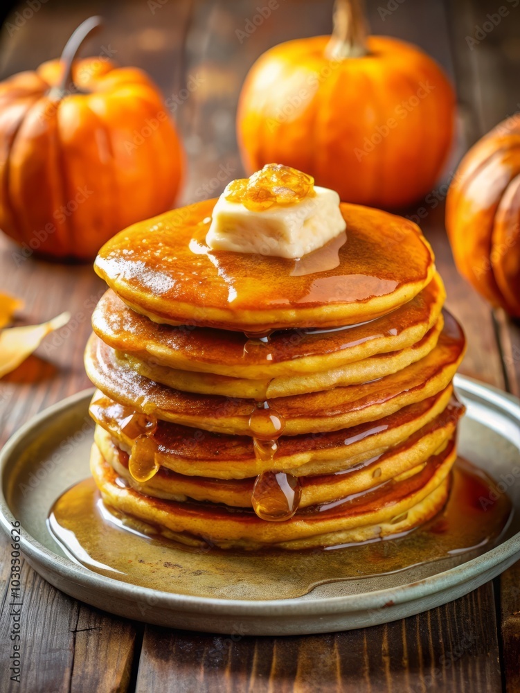 stack of pumpkin pancakes with honey on wooden table vertical autumn background, healthy eating concept stack of pumpkin pancakes with honey on wooden table vertical autumn background, healthy eating concept