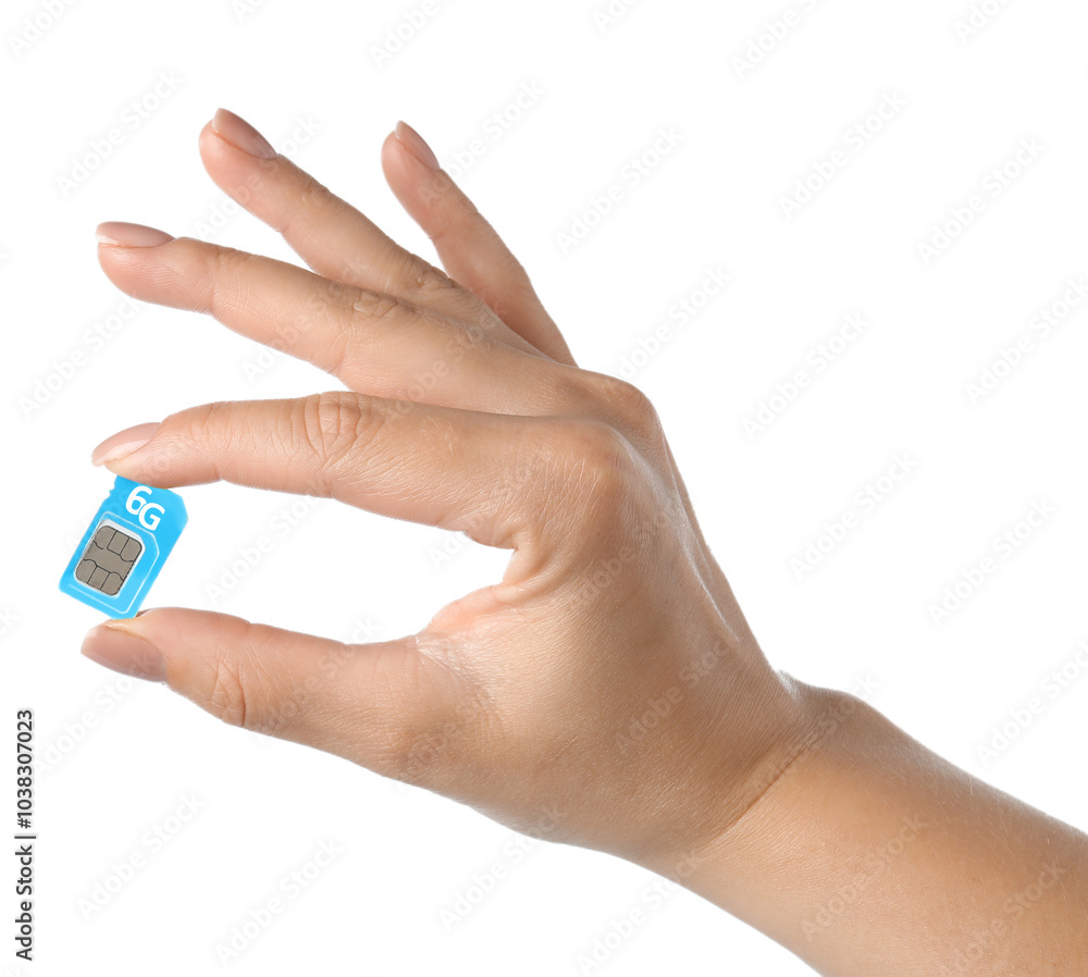 Woman with 6G SIM card on white background, closeup Woman with 6G SIM card on white background, closeup