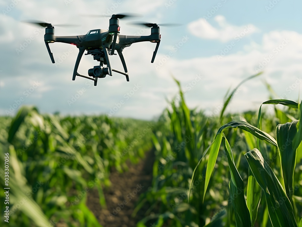 Drone flying over a cornfield. Drone flying over a cornfield.