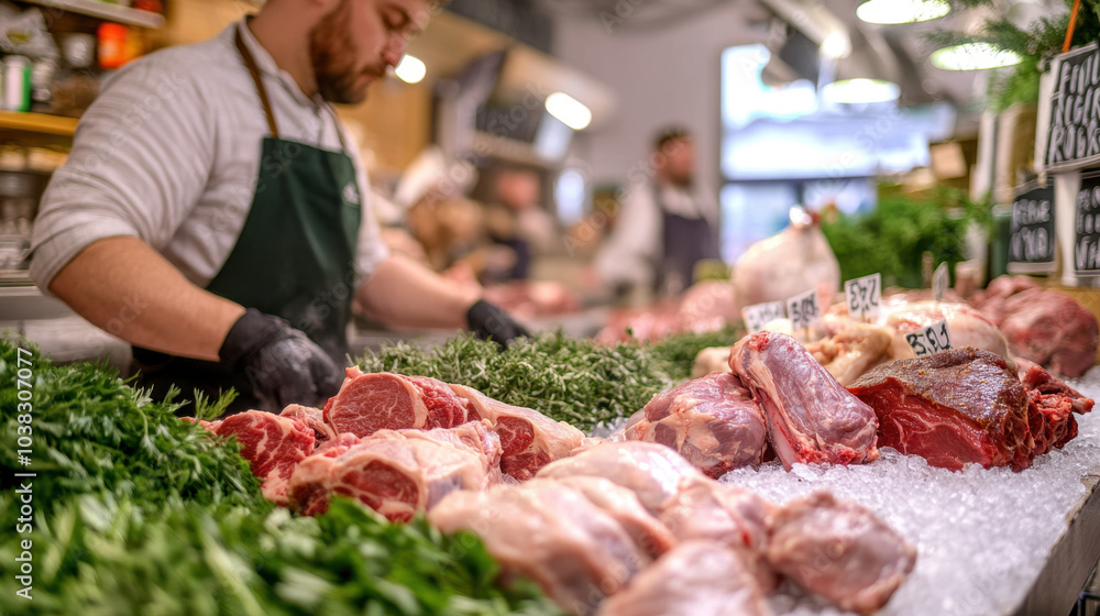 Meat Display on Butcher's Counter Meat Display on Butcher's Counter