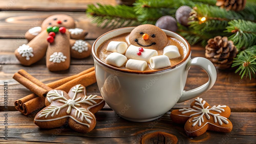 Hot Chocolate with Snowman Marshmallows and Gingerbread Man. Perfect for: Christmas, Winter parties, Cozy family moments Hot Chocolate with Snowman Marshmallows and Gingerbread Man. Perfect for: Christmas, Winter parties, Cozy family moments