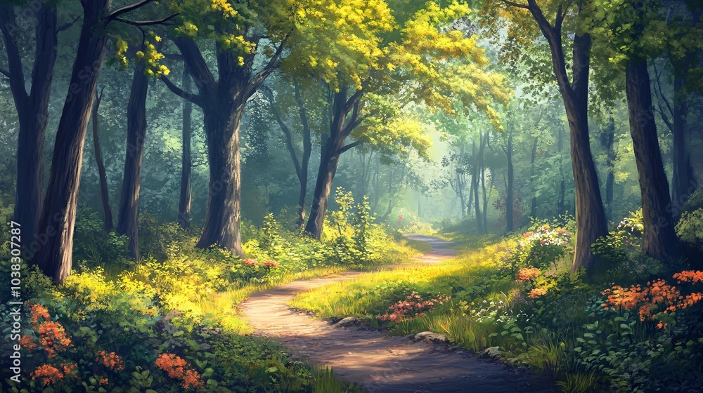 Serene Path through a Lush Green Forest Serene Path through a Lush Green Forest