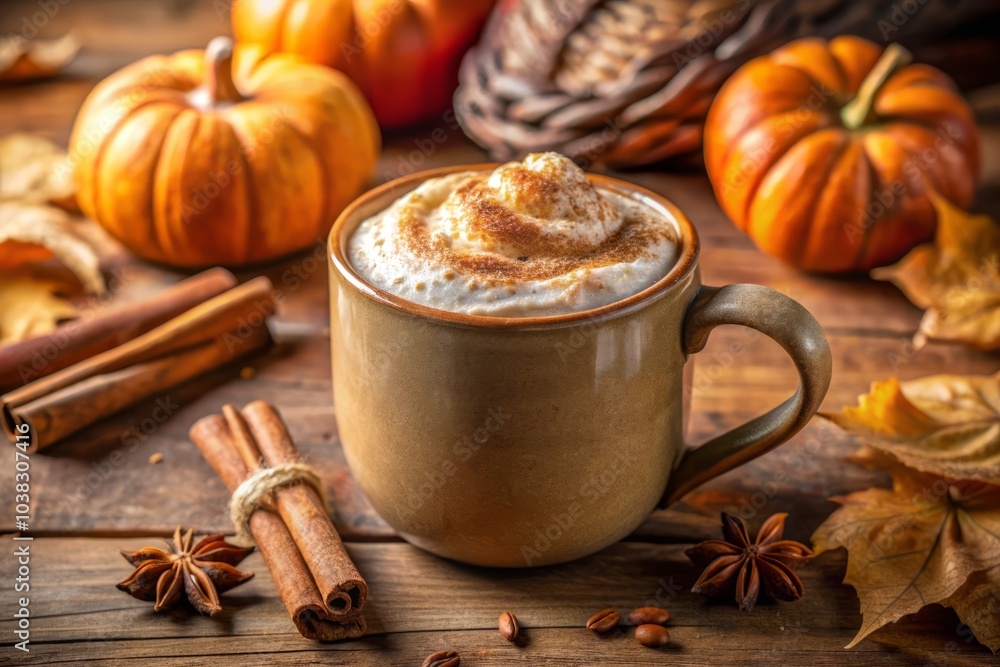 spice latte with cinnamon on wooden table fall background, warm autumn food concept spice latte with cinnamon on wooden table fall background, warm autumn food concept