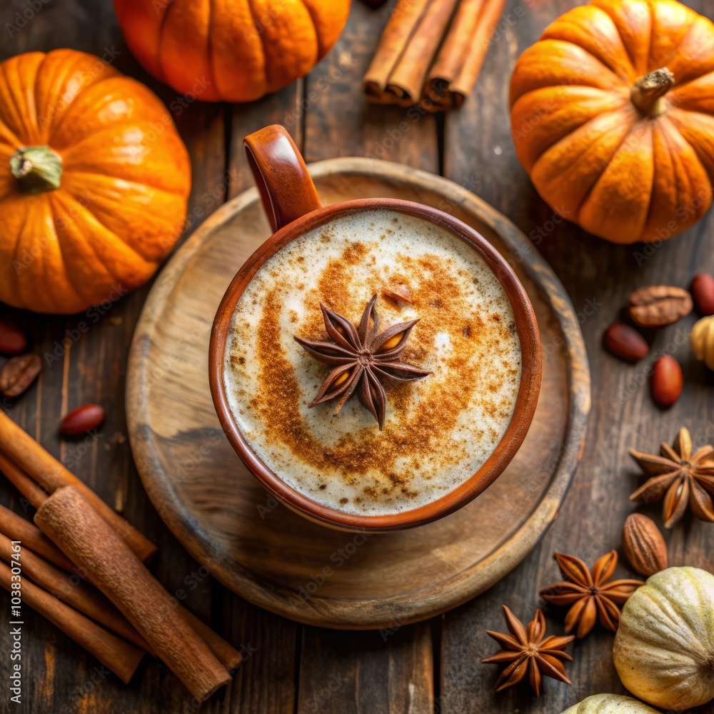 spice latte with cinnamon and pumpkin on wooden table fall background, warm autumn food concept, top view spice latte with cinnamon and pumpkin on wooden table fall background, warm autumn food concept, top view