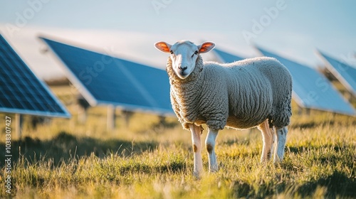 closeup of a sheep grazing near groundmounted solar panels on a farm photo