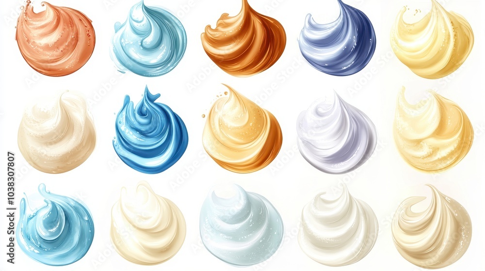Cream texture stroke. Facial creme, foam, gel or body. Face cream cosmetic product smear swatch set. Generative Ai. Cream texture stroke. Facial creme, foam, gel or body. Face cream cosmetic product smear swatch set. Generative Ai.