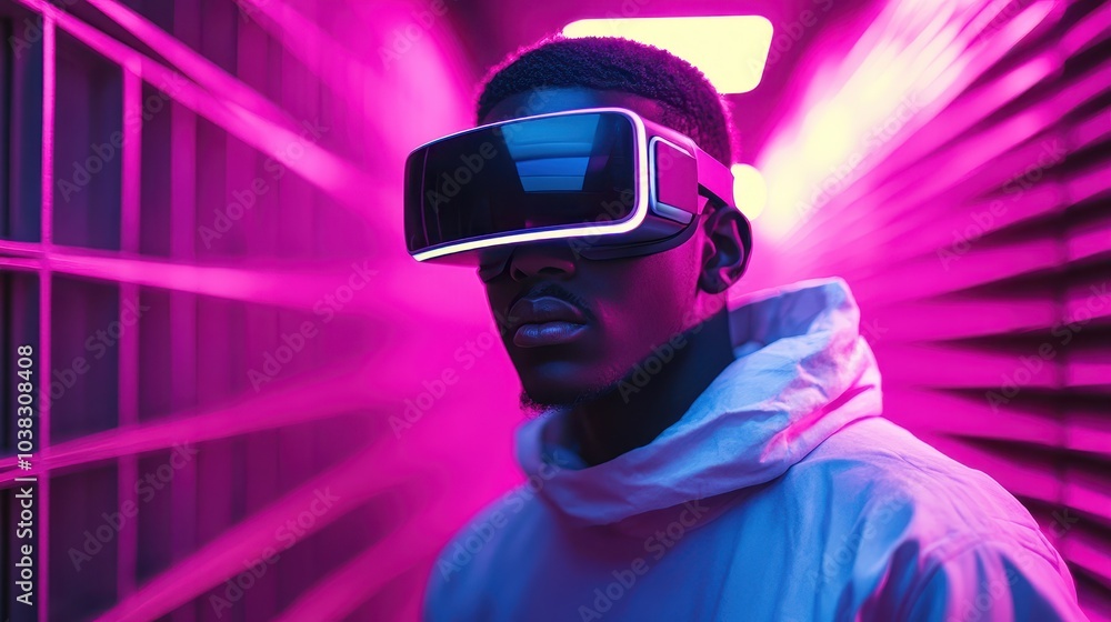 Futuristic minimal cyber neon portrait of young man wearing VR glasses, life in virtual reality. Technological progress and the use of artificial intelligence. Futuristic minimal cyber neon portrait of young man wearing VR glasses, life in virtual reality. Technological progress and the use of artificial intelligence.
