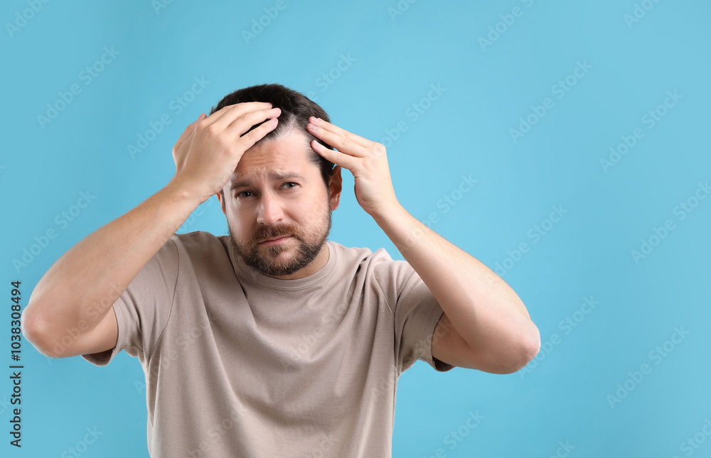Man with hair loss problem on light blue background, space for text Man with hair loss problem on light blue background, space for text