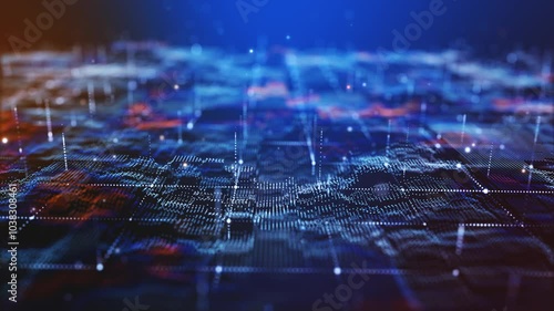 Flying through futuristic digital geology terrain, digital data telemetry and engineer topography with contour lines. 3D wireframe cartography concept. 
