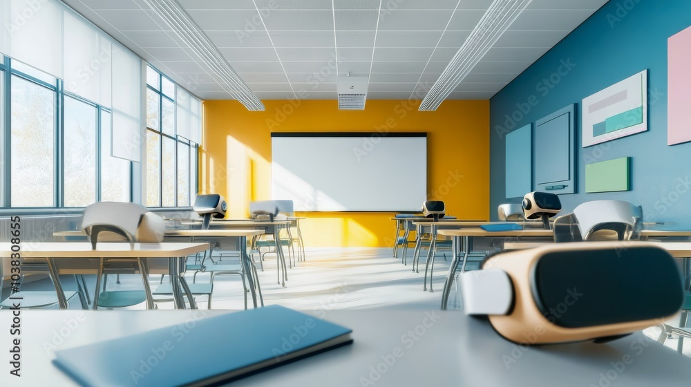 A sophisticated AI-driven virtual reality (VR) education platform, modern classroom setting with immersive VR learning tools and interactive educational content, Educational style