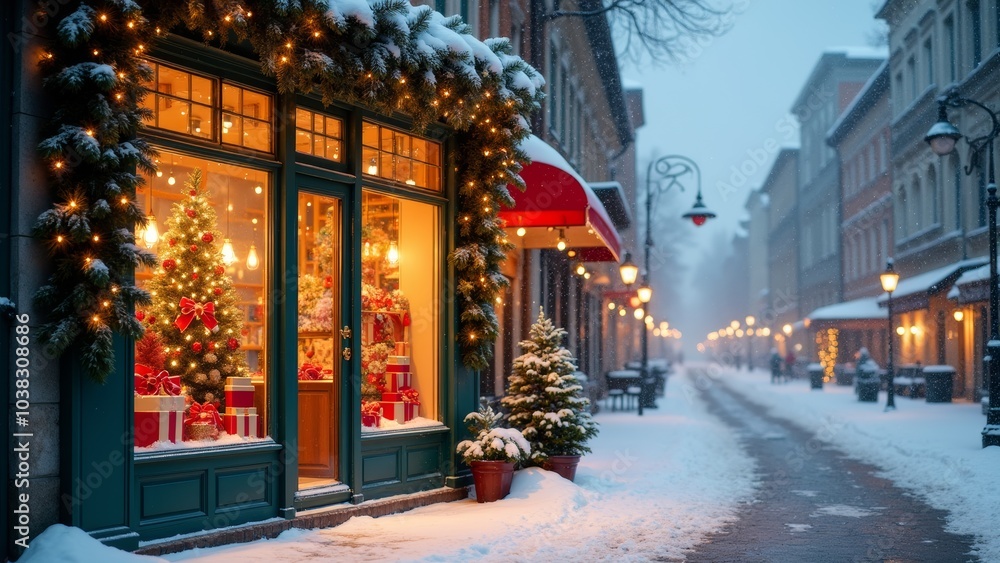 Charming winter street adorned with festive decorations and snowfall during Christmas season in a quaint town Charming winter street adorned with festive decorations and snowfall during Christmas season in a quaint town