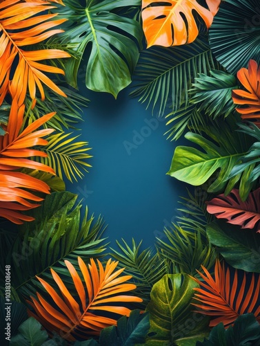 Tropical leaves frame on a blue background