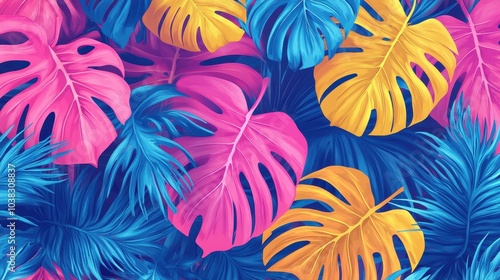 Seamless pattern tropical background, illustration of exotic summer leaf and plants in vivid colorful colors, flat lay. Generative AI.